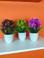 Pack of 3 Decorative Faux Plants Pink, Yellow, Purple with White Diamond Textured Pots - Image 2
